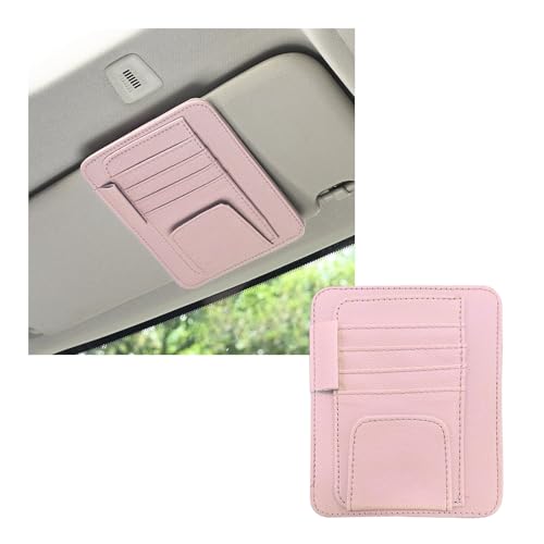 Dickno Small Leather Car Sun Visor Organizer, Multifunctional Auto Visor Document Holder with Sunglasses Clip, Universal Car Interior Organizer for Drving License, Card, Pen (Pink) - color: Pink, 1PC