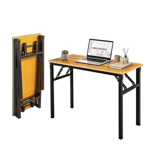 Folding Desk, 39 Inch Foldable Computer Table No Assembly Required,Wood Grain Small Desk for Home Office,Space-Saving Table for Bedroom, Dorm, RV - color: Yellow
