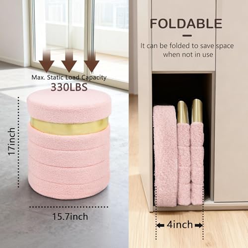 Round Ottoman with Storage, Foldable Vanity Stool with Soft Padded, Boucle Foot Stool for Dorm Room, Living Room and Bedroom, Pink