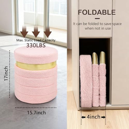 Round Ottoman with Storage, Foldable Vanity Stool with Soft Padded, Boucle Foot Stool for Dorm Room, Living Room and Bedroom, Pink