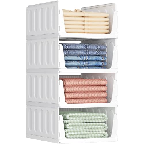 Lifewit 4 Pack Stackable Closet Organizers and Storage Basket for Clothes, Plastic Sweater Storage Bins for Wardrobe, Stacking Clothing Containers for RV, Pantry, Shelf, Kitchen, Dorm, 16.5" Depth - size: 16.4" Depth
