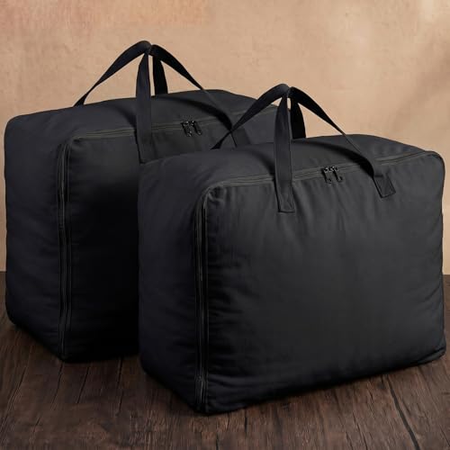 2 Pack 100% Cotton 21"x 15"x 10" Black Canvas Comforters Storage Bag with Handles for Home Travel Beddings Travel Pillow Blankets Saree Linens Organizer Thick Soft Breathable Closet Bags - color: Black, size: 21"X 15"X 10"