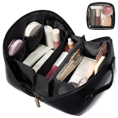 LOVEVOOK Travel Makeup Bag for Women, 2Pcs Large Capacity Cosmetic Organizer Bag, Waterproof PU Leather, Flat Open Portable Small Toiletry Pouch for Skincare, Brushes & Travel Essentials - color: Black, size: Medium