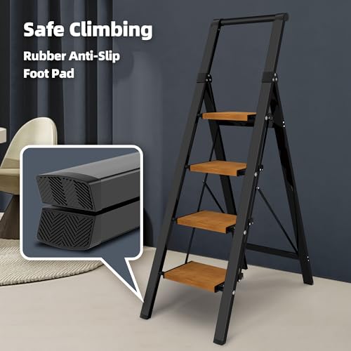 HillhutApex Step Ladder, Aluminum Lightweight Folding 4 Step Stool with Anti-Slip Wide Pedal, 330lbs Capacity Steel Ladder for Household and Office - color: Black&woodgrain, size: 4 Step With Handrail