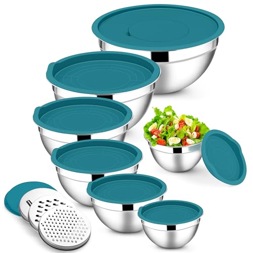 E-far Mixing Bowls with Lids Set, 7-Piece Stainless Steel Mixing Bowls with 3 Grater Attachments, Size 4.6, 3.5, 2.6, 2, 1.5, 1, 0.7QT, Metal Nesting Bowls & Blue Airtight Lids, For Baking/Cooking - color: Blue, size: 7 Regular Sizes