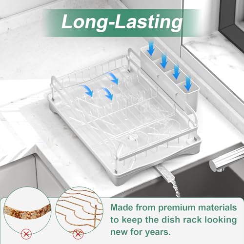 Dish Drying Rack,Dish Racks for Kitchen Counter, Metal Dish Drainer with Adjustable Drainage Spout, Removable Knife and Fork Holder (White) - color: 1 Tier - White