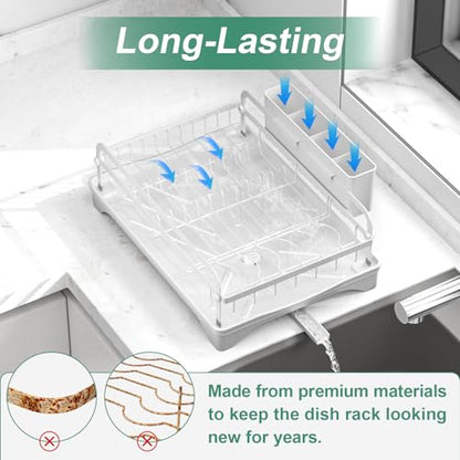 Dish Drying Rack,Dish Racks for Kitchen Counter, Metal Dish Drainer with Adjustable Drainage Spout, Removable Knife and Fork Holder (White) - color: 1 Tier - White