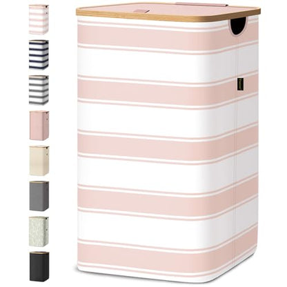 BALEINE Laundry Hamper with Lid, Tall Laundry Baskets with Bamboo Pull Handles, Large Laundry Bin with Internal Support (26 Gal/100L, Pink Stripe) - color: Pink Stripe, size: 100 liters