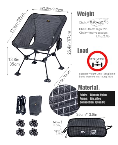 iClimb Ultralight Compact Camping Folding Beach Chair with Anti-Sinking Large Feet and Back Support Webbing (Black Grid - Square Frame - 2PC) - color: Black Grid (Square Frame)