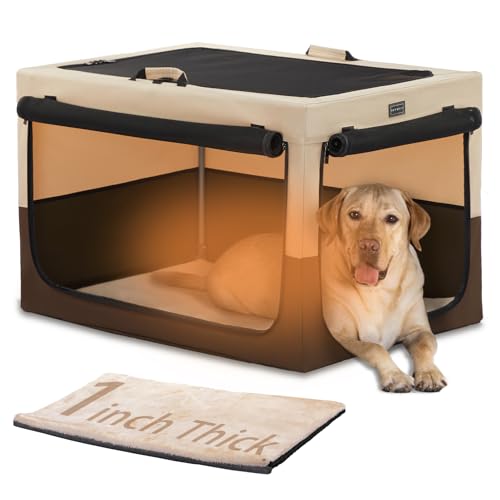 PETSFIT Portable Dog Crate for Medium Large Dogs, – 36" Soft Dog Travel Crates with Lockable Zippers & Thicken Mat, Adjustable Patented Spiral Steel Frame, Collapsible Kennel for Indoor & Outdoor - color: Brown(With Mat), size: 36.0"L x 24.0"W x 23.0"H