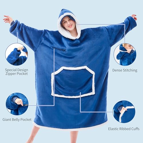 IFNOW Wearable Blanket Hoodie, Oversized Sherpa Fleece Hooded Sweatshirt with Eye Mask, Cozy and Giant Blanket Hoodie with Sleeves Extra Long for Adults Men Women, Navyblue - color: Navyblue, size: Adult