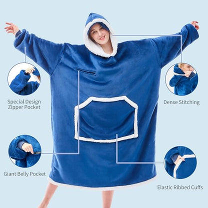 IFNOW Wearable Blanket Hoodie, Oversized Sherpa Fleece Hooded Sweatshirt with Eye Mask, Cozy and Giant Blanket Hoodie with Sleeves Extra Long for Adults Men Women, Navyblue - color: Navyblue, size: Adult