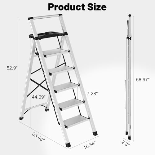 5 Step Ladder with Tool Tray - 600lbs Heavy Duty Lightweight Step Stool with Extended Handrails, Work Platform for Home Maintenance & DIY Projects - size: 5steps with tray