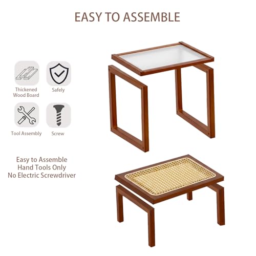 Tiita Rattan Side Table, Mid Century Nightstand, 2-Tier Bamboo Accent Bedside Tables, Glass Coffee Tables, Boho Wooden Narrow End Table with Storage for Small Space, Living Room and Bedroom - color: 2-tier-rattan-brwon