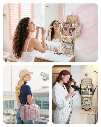 BAGSMART Hanging Toiletry Bag with Removable Partition, Puffy Water-resistant Fabric, Cosmetic Bag Makeup Bag for Full Sized Toiletries, Nude Pink - color: Nude Pink