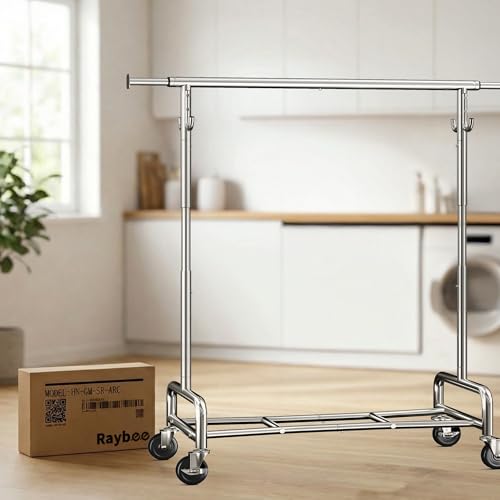 Raybee Clothes Rack, Room Organize Home Storage, 75" W & 4 Extra Hooks | 450LBS Capacity, Stainless Steel, Extendable Hanging Rod, 360° Lockable Wheels, Height Adjustable, 15-Min Tool-free Assembly - color: Chrome, style: Rod Shelf