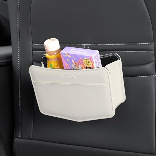 Car Trash Can Small Leather Vehicle Trash Bin Car Dustbin Garbage Organizer Holder with Trash Bag Foldable Mini Cars Storage Bag Container for Auto SUV Van Trucks (White,Clip on) - color: white, style: clip on