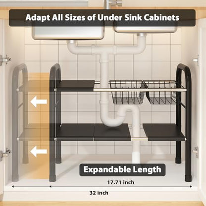 Expandable Under Sink Organizer, 2 Tier Under Sink Shelf with 2 Removable Baskets and 6 Removable Panels for Cabinet Sink Cloakroom Wardrobe Closet Storage(Black, 17.71”-32”Length