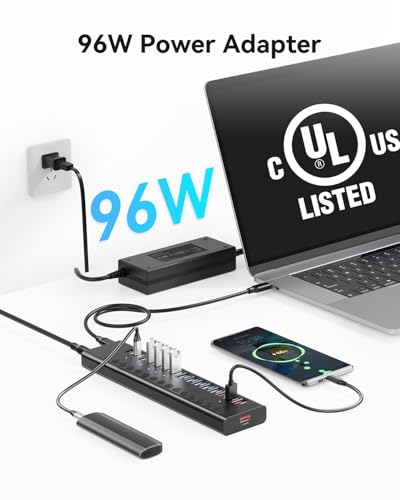Powered USB Hub, AGEEN 16-Port USB 3.0 Hub (10 USB-A 3.0+2 QC 24W Fast Charging+2 Smart Charging+2 USB-C 3.0 Ports), 12V/8A 96W UL Certified Power Adapter for PC, Laptop, HDD, Flash Drive (16-Port) - size: 16-Port