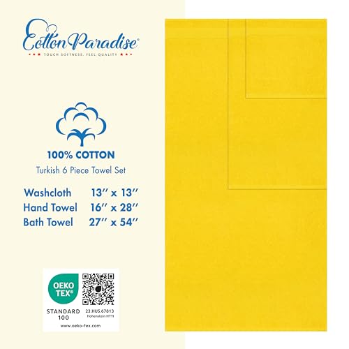 Cotton Paradise 100% Cotton Turkish Towel Set, Soft Absorbent Quick Dry, 6 Piece Towel Set, Yellow - color: Yellow
