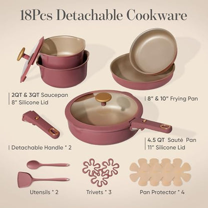 CAROTE 18Pcs Pots and Pans Set, Nonstick Cookware Set Detachable Handle, kitchen Pan Set, Induction kitchen cookware Non Stick, RV Cookware Set, Oven Safe, Red - color: Red