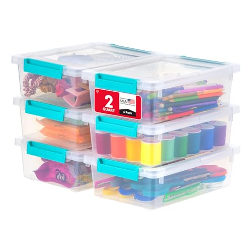 IRIS USA 2 Qt. Craft Storage Bins with Lids, 6-Pack, |Made in USA|, Clip Box, Small Plastic Sensory Bin Tote Organizer Containers for Art Supplies, Paper, & Office, Stackable - Clear/Seafoam Blue - color: Clear/Seafoam Blue, size: 2 Qt. - 6 Pack