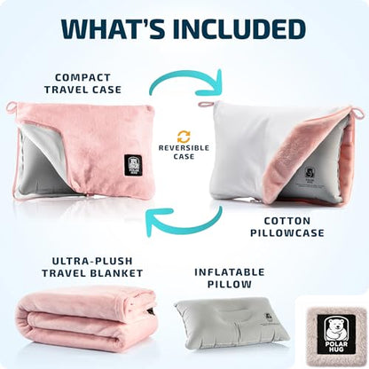 Travel Blanket and Pillow Set — Airplane Blanket with Inflatable Pillow and Cotton Case, Compact Travel Blanket with Back-Neck Snaps for Long Flights - color: Pink Set, size: 64x43''