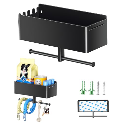 Dog Leash Holder for Wall, Dog Leash Hooks, Wall Mounted Leashes Hangers, Dog Storage Organizer, Key Holder with Storage Shelf, Pet Stuff Organizer for Pet Toys, Collar, Treats, Poop Bag (Black)