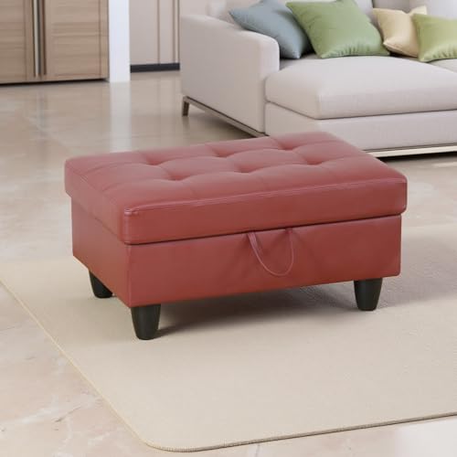 Ottoman, Faux Leather Storage Ottoman Bench, Modern 33.5" Large Square Entryway Bench Ottoman with Storage for Living Room/Apartment/Bedroom/Rv Car,Red - color: Red, size: 33.5 inch