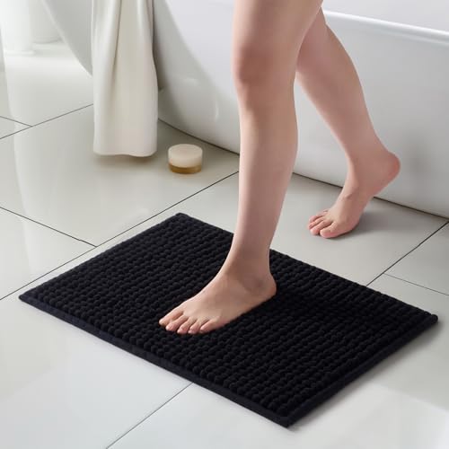 FRESHMINT Thick Chunky Chenille Bathroom Rugs 17"x24", Non Slip Bath Mat for Bathroom Floor, Large Soft Bathroom Decor Accessories, Cute Shower Mat Water Absorbent, Washable, Black - color: Black, size: 24" x 17"
