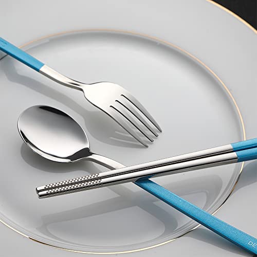 DEVICO Travel Utensils, 18/8 Stainless Steel 4pcs Cutlery Set Portable Camp Reusable Flatware Silverware, Include Fork Spoon Chopsticks with Case (Blue) - color: Blue
