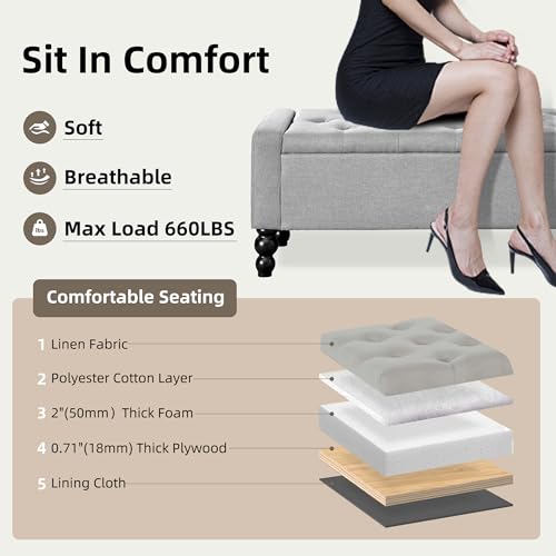 50" W Storage Ottoman Bench with Safety Hinge, Load up to 660 lb Ottoman with Storage, Upholstered Tufted Entryway Bench with Seating for Living Room, Bedroom, Light Gray - color: Light Gray