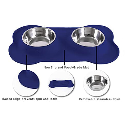Hubulk Pet Dog Bowls 2 Stainless Steel Dog Bowl with No Spill Non-Skid Silicone Mat + Pet Food Scoop Water and Food Feeder Bowls for Feeding Small Medium Large Dogs Cats Puppies (Medium, Navy Blue) - color: Navy Blue, size: Medium