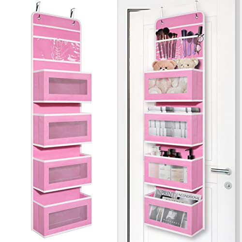 Giraffe Creation Pink Over Door Organizer with 4 Large Clear Pockets, Hanging Door Storage for Nursery, Bedroom, Bathroom, Closet, Toys, Diapers, Cosmetics, Baby Essentials - color: Pink