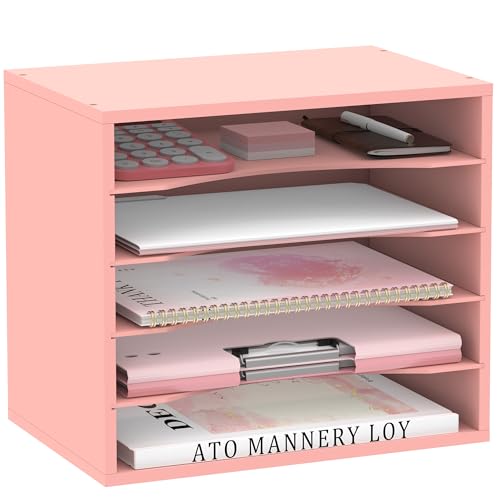 SUPEASY Wood Desk Organizer, 5 Tier Paper File Organizer for Desk, Wooden Desktop Organizer, Paper Letter Literature Mail Sorter, for Office School & Home Organization, Pink - color: Pink, size: 13.4" x 9.1" x 12", style: 5 Compartments