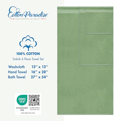 Cotton Paradise Towel Set of 6, 2 Bath Towels, 2 Hand Towels and 2 Washcloths Towels for Bathroom Sets, Green - color: Sage Green