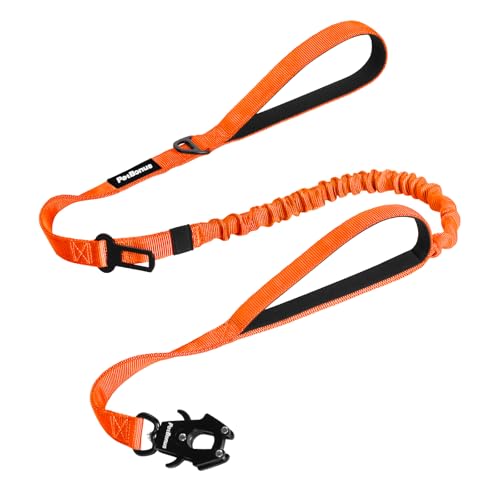PetBonus Heavy Duty Tactical Dog Leash, 5 FT Bungee Shock Absorption Leash with 2 Padded Handles, Quick Release Metal Clip, Car Seatbelt, No Pull Training Lead for Large Medium Dogs（Orange） - color: Orange