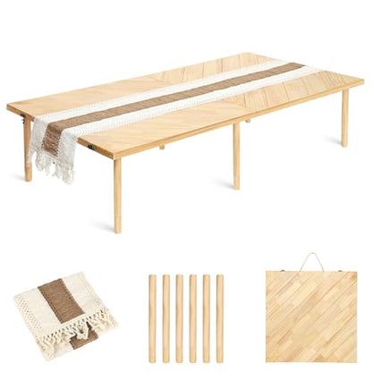 Low Picnic Table 60x30, Portable Folding Floor Table | Adjustable height wood table with boho runner, mortise-tenon joints, folds flat for beach picnics, camping, parties - size: Large Size for 6