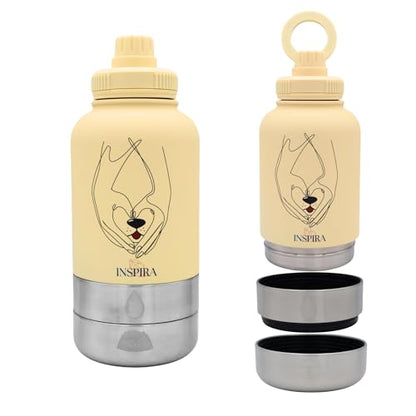 INSIPRA 32oz Dog Water Bottle with Food & Water Bowls – 3-in-1 Portable Pet Travel Bottle with Magnetic Phone Holder, Leakproof, BPA Free, Insulated (Yellow) - color: YELLOW