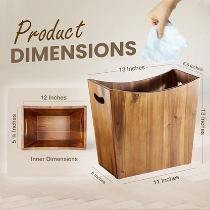 Tidita 3-Gallon Wood Trash Can with Handles for Kitchen, Bathroom, Office | Solid Acacia Wood, Compact Design, Easy to Carry with Integrated Handles, Multi-Purpose Uses, Open Top, Curved Edge Design - color: Acacia, size: 3 Gallon