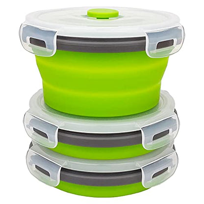 CCyanzi 3piece Round Collapsible Bowl with Lids, Silicone Food Storage Containers, Microwave & Freezer Safe, Space Saving for Kitchen Cabinet and Camping Backpack,(Green Gray) - color: green with gray