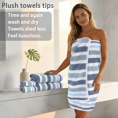 Waffle Towels for Bathroom-Quick Dry | Thick | Lightweight | 540GSM,Large Bath 30"x56", Hand 16"x27",Wash Cloths 13"x13",Cotton Polyester Blend Towels with Hanging Loops,Blue Gray Stripe and White - color: Blue-gray and White, size: 3 PC Bathroom Towel Se