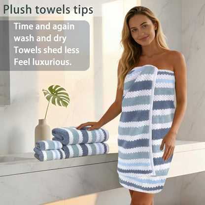 Waffle Towels for Bathroom-Quick Dry | Thick | Lightweight | 540GSM,Large Bath 30"x56", Hand 16"x27",Wash Cloths 13"x13",Cotton Polyester Blend Towels with Hanging Loops,Blue Gray Stripe and White - color: Blue-gray and White, size: 3 PC Bathroom Towel Se