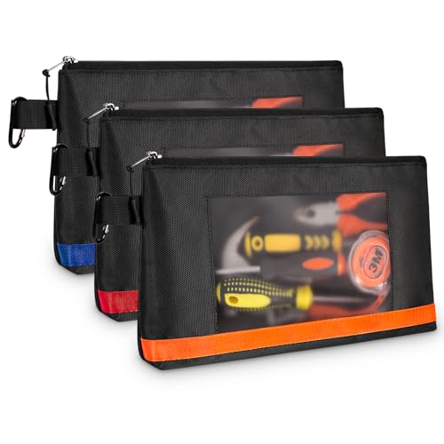 KENOBE 13" Tool Pouches with Zipper, Heavy Duty Small Tool Bag with Visible Window, Multipurpose Storage Utility Pouch for Tools, Gadgets, Cosmetics, Stationery, Travel Accessories, 3 Pack