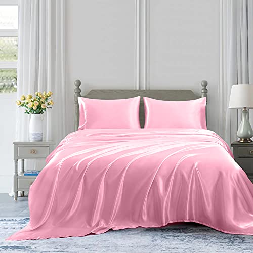 Homiest 3pcs Satin Sheets Set Luxury Silky Satin Bedding Set with Deep Pocket, 1 Fitted Sheet + 1 Flat Sheet + 1 Pillowcase (Twin XL Size, Pink) - color: Pink, size: Deep pocket - Twin XL size