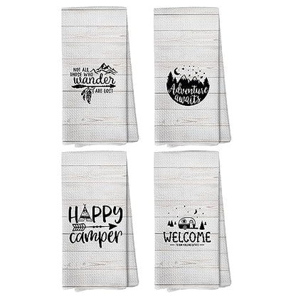Camping Kitchen Towels, Dish Towels, Gifts for Women Men, RV Decor, Campsite Decor, Happy Camper Hand Towel, Supplies for RV Campers 12x12 Inch Set of 4