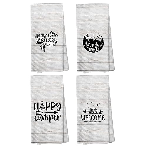 Camping Kitchen Towels, Dish Towels, Gifts for Women Men, RV Decor, Campsite Decor, Happy Camper Hand Towel, Supplies for RV Campers 12x12 Inch Set of 4