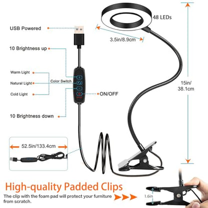 Brokimis Clip on Light LED Reading Book Study Lamp 3 Color Modes 10 Brightness Eye Protection 360° Flexible Gooseneck Student Dormitory Office Desk Lamp at Night in Bed - color: Black with Adapter