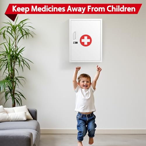 Wall-Mount Locking Medicine Cabinet: Large Metal Storage Organizer Box with Combination & Key Lock - Secure First Aid Medicine Cabinet for Bathroom Home Office(20.6" H x 15.75" W x 5.98" D) - color: Glossy White
