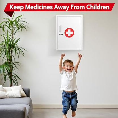 Wall-Mount Locking Medicine Cabinet: Large Metal Storage Organizer Box with Combination & Key Lock - Secure First Aid Medicine Cabinet for Bathroom Home Office(20.6" H x 15.75" W x 5.98" D) - color: Glossy White